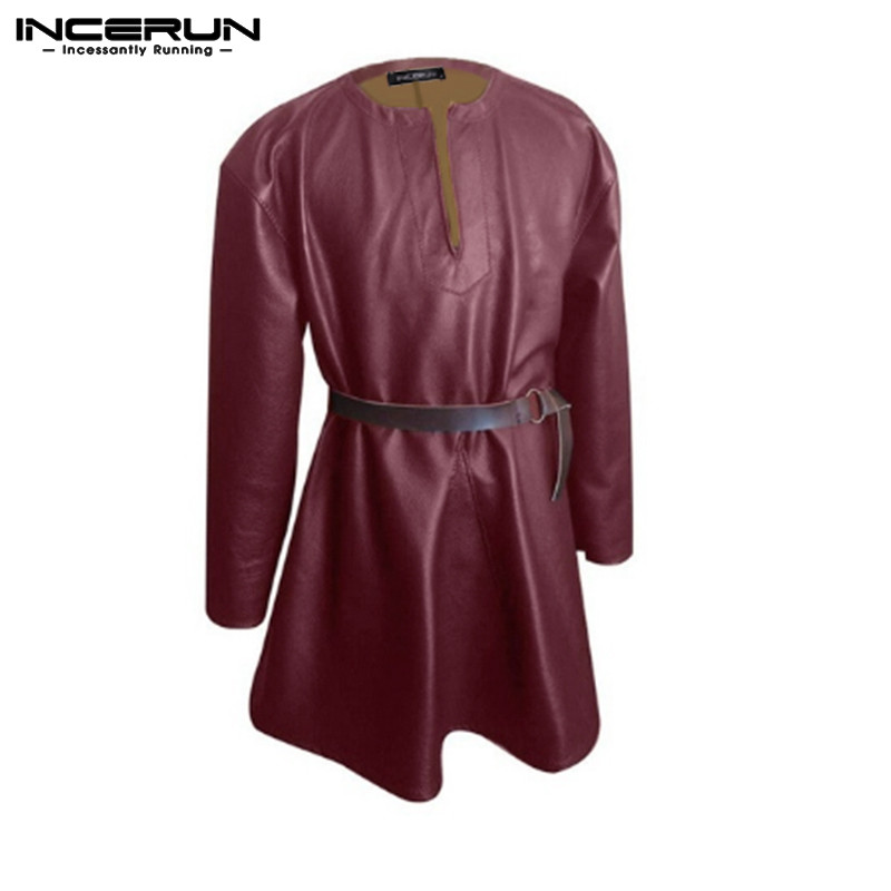 

INCERUN Vintage PU Leather Shirts Men Long Sleeve Solid Color Deep V Neck Fashion Tops Casual Long Shirts Men Cosplay Costumes, Black