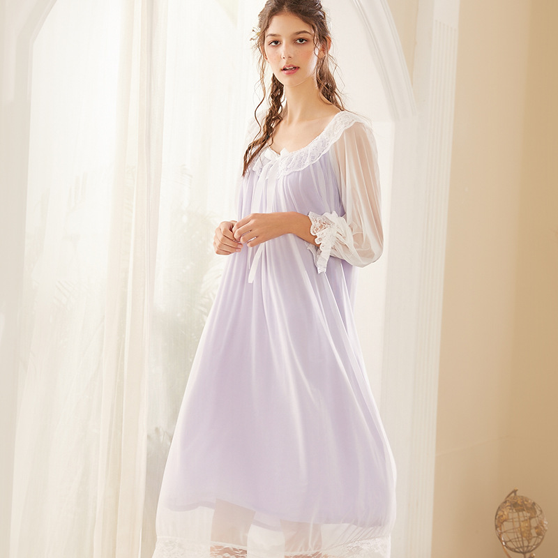 

Roseheart Women Fashion Yellow Pruple Sexy Sleepwear Nightdress Lace Nightwear Sleepshirts Long Luxury Nightgown Court Gown, Purple