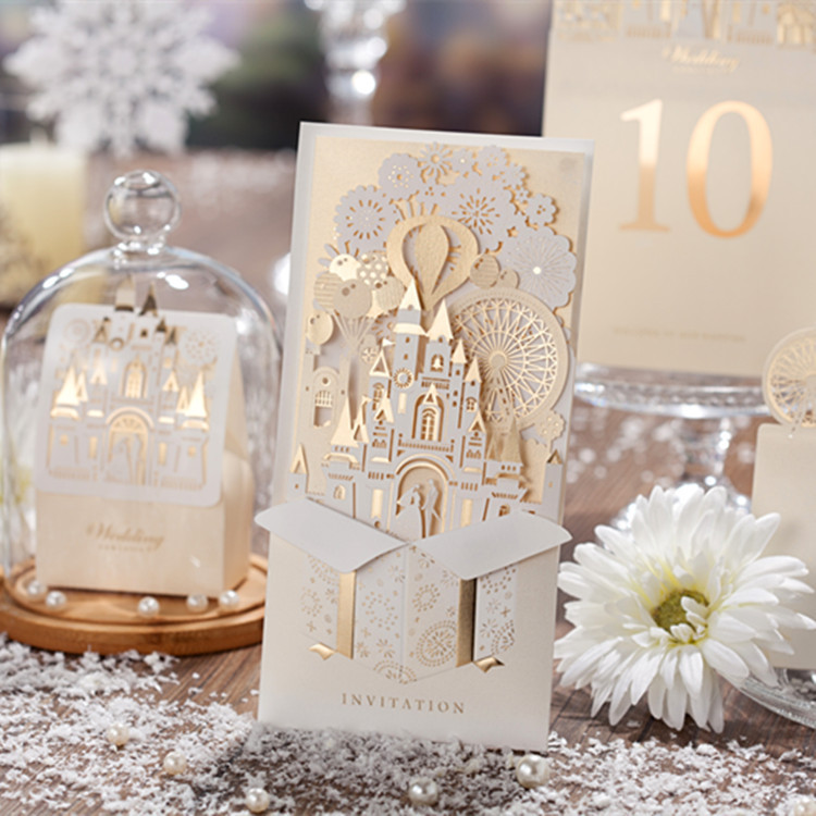 

20pcs Wedding Candy box Decoration 3D Castle Shape -up Wedding Invitation Card Champagne Color Invitations gift bag Wholesale
