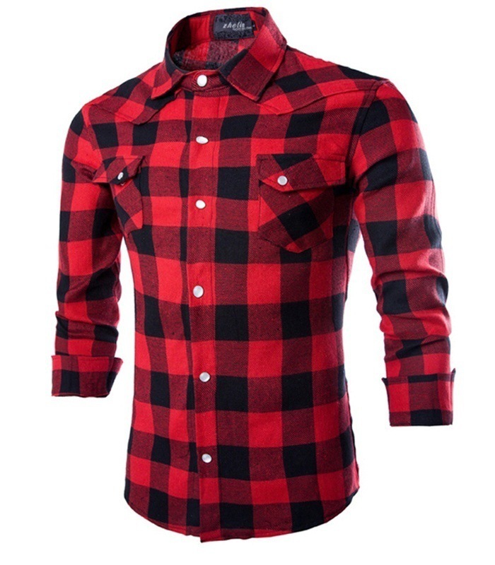 

Man Lattice Leisure Buckle Long Sleeve Shirt Clothes Slim Fit Casual Men Business Formal Plaid Shirts, Black