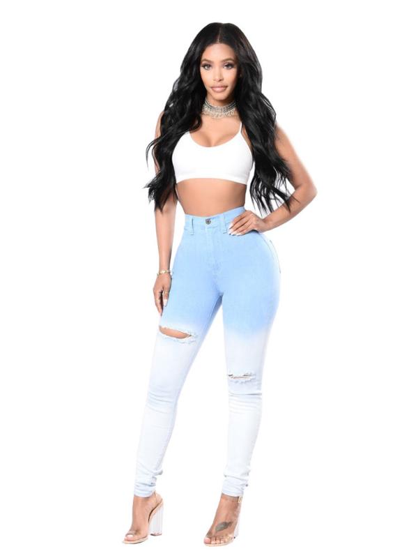 

Fashion Blue and white gradient Ripped Jeans Women Destroyed Cool Denim High waist Skinny Jeans Pants Summer Slim Pencil, Light blue