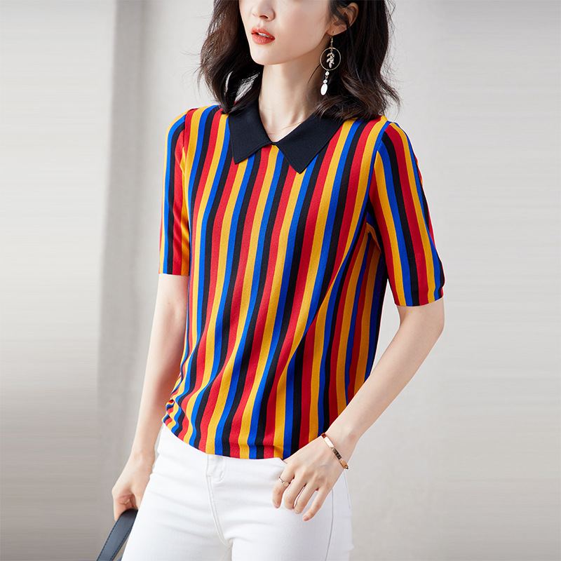 

2020 Fashion Rainbow Striped Short Sleeve Sweater Turn-down Collar Thin Sweater JL-HY2019, Picture color