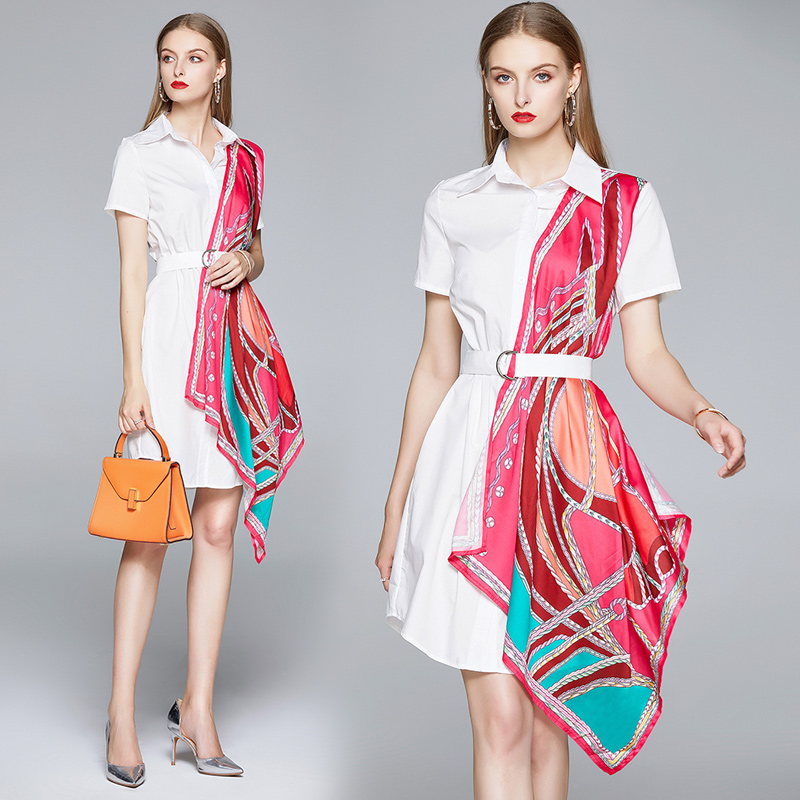 

2020 Summer Runway Fashion Print Women's Ladies Casual Office Lapel Short Sleeve Panelled Scarf Belt A-line Shirt Designer Dresses Vestidos, Customize