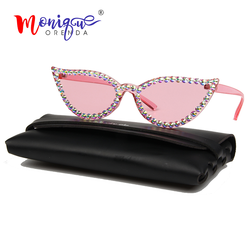 

2020 Sunglasses Women Small size Candy Pink yellow Rhinestone Sun gasses Vintage Rimless Shades for women oculos
