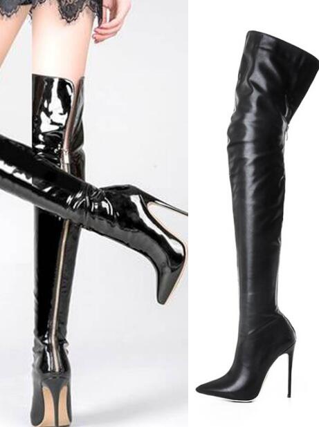 

Woman Solid Black Patent Leather Pointed Toe Sexy Stiletto Heels Slim Over The Knee Thigh Long Elastic Nightclub Boots, 12 cm heel