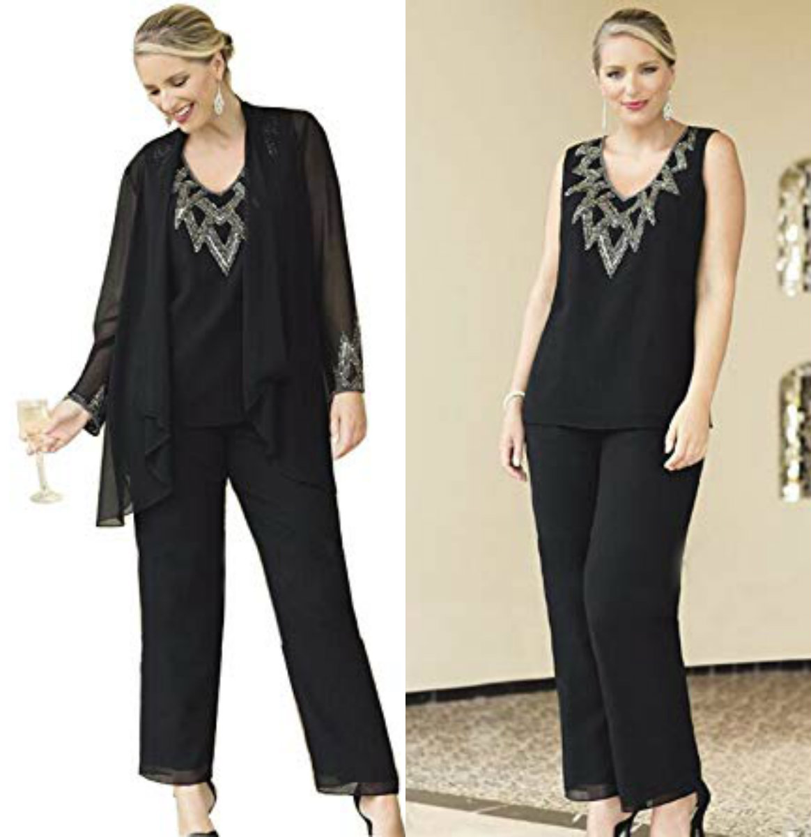 

Chic Plus Size Chiffon Mother Of The Bride Dresses A-Line V-Neck Empire Waist Mother Of Groom Dress Pant Suits Evening Gowns