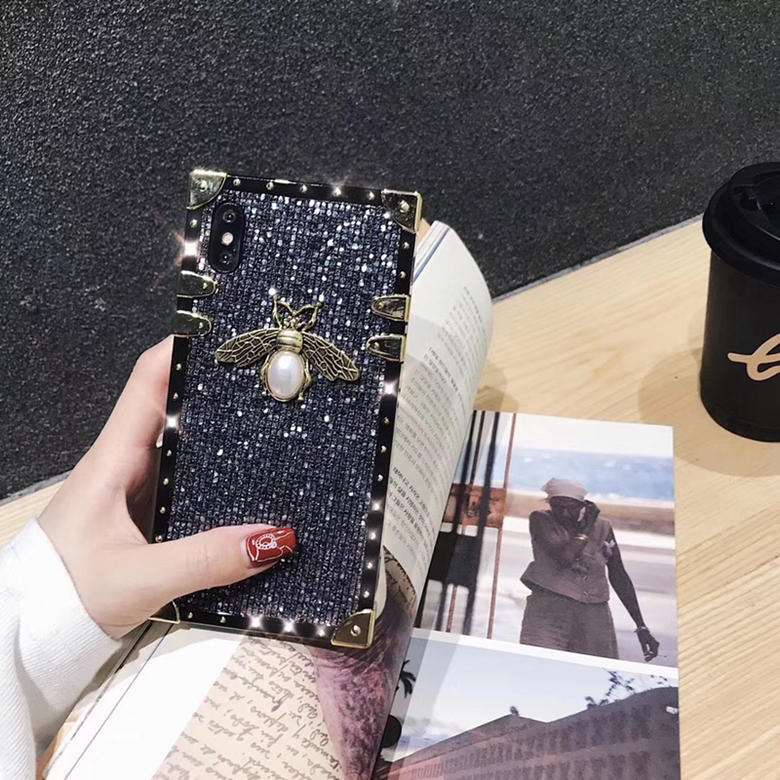 

Bling Bling 3D Pearl Bee Square Plating Back Cover Full Diamond Soft Silicone Phone Shell Glitter for iPhone X XS Max XR 8 8PUS, White