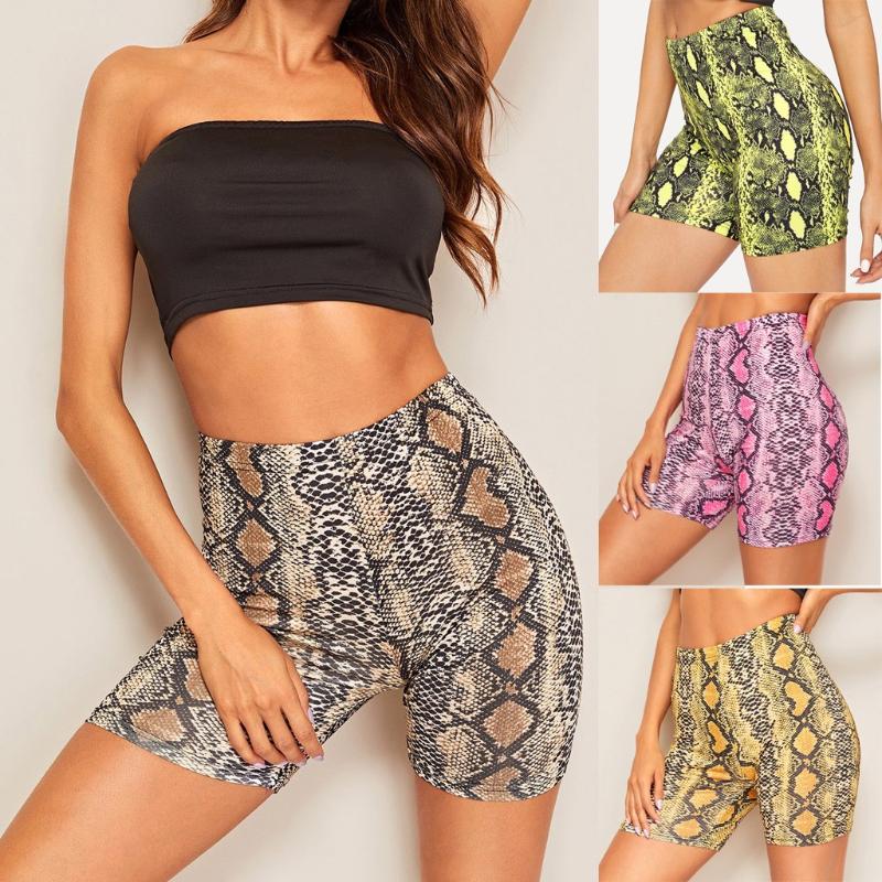 

Cycling Shorts Sexy Snakeskin Print Gym Women High Waist Push Up Yoga Breathable Sweat-absorbing Elasticity Workout Short K2, Brown