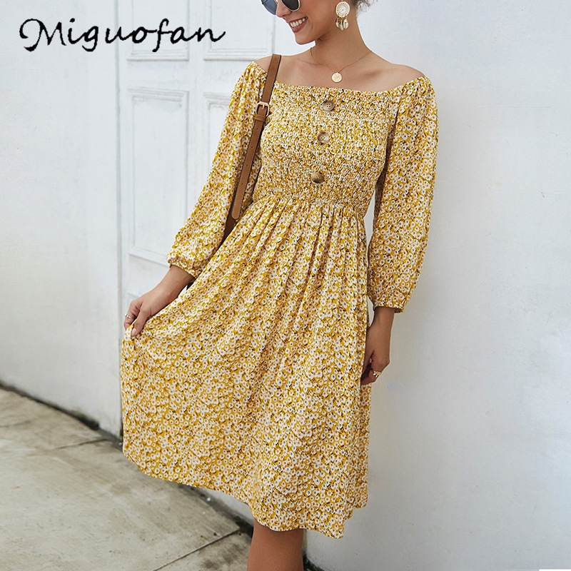 

Miguofan printting dresses Elastic button long sleeve spring women dress maxi spring dress female vintage vestidos robe 2020 new, Green