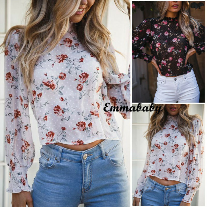 

Fashion Women' Blouse Perspective See Through Long Sleeve Sexy Floral Crop Tee Blouse /BY, Black
