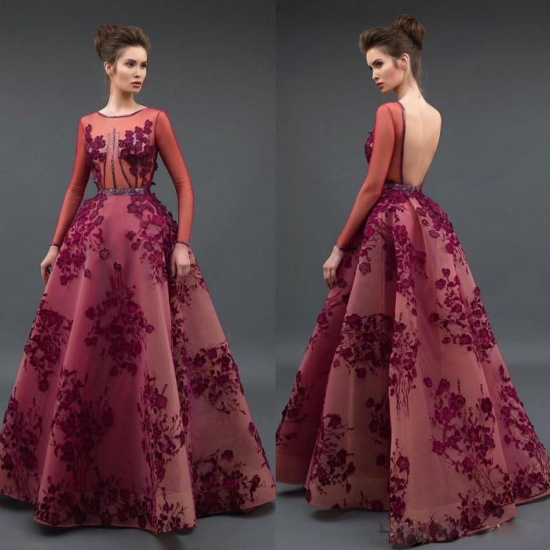 

Glamorous A Line Zuhair Murad Evening Dresses Long Sleeve Backless Beading Organza Red Carpet Celebrity Dress Puffy Skirt Prom Gowns, Fuchsia