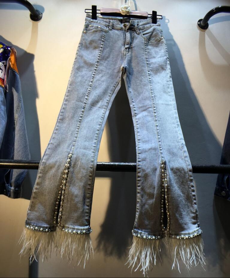 

European 2019 Autumn New Heavy Diamond Beads High Waist Skinny Denim Pants Feather Stitching Flare Jeans Trousers r1886, Light blue