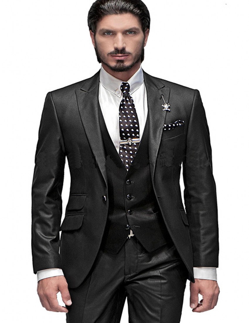 New Design Dark Grey Slim Fit Groom Tuxedos Peak Lapel One Button Groomsmen Mens Wedding Dress Excellent Man Suit(Jacket+Pants+Vest+Tie) 388
