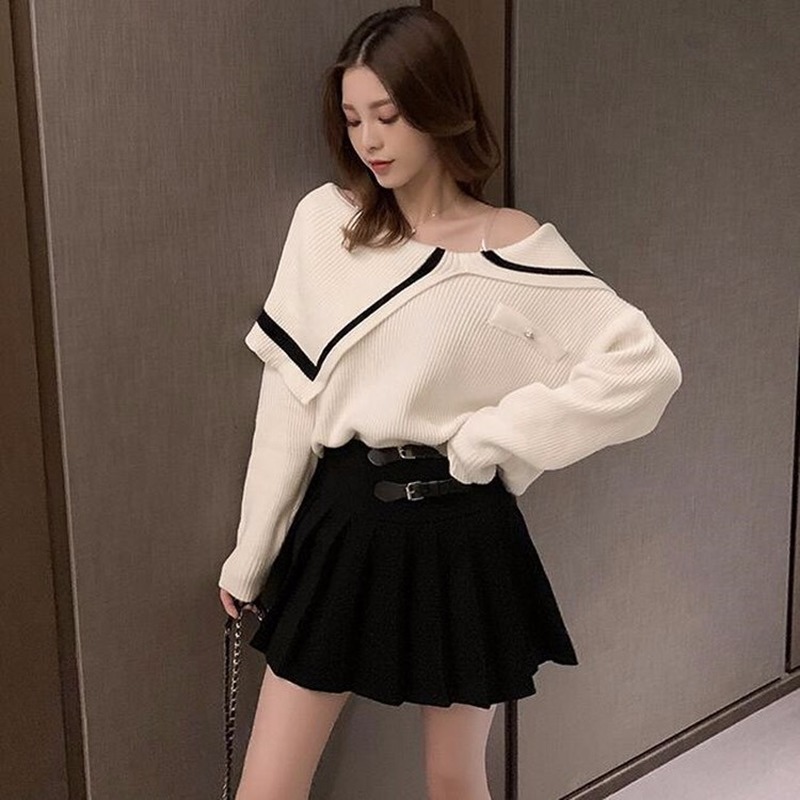

Autumn and winter new college style strapless loose lapel pullover sweater lazy wind knitted bottoming sweater women, White