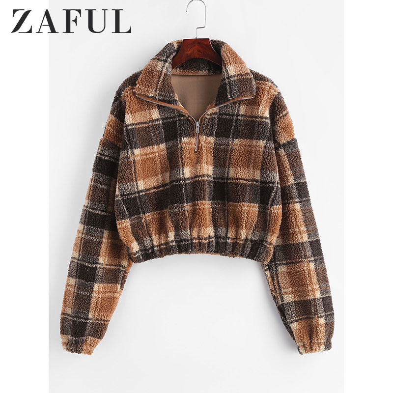 

ZAFUL Autumn Winter Fleece Faux Fur Plaid Hoodies Women Zipper Loose Casual Sweatshirts Female Thicken Warm Soft Plush Pullover, Multi