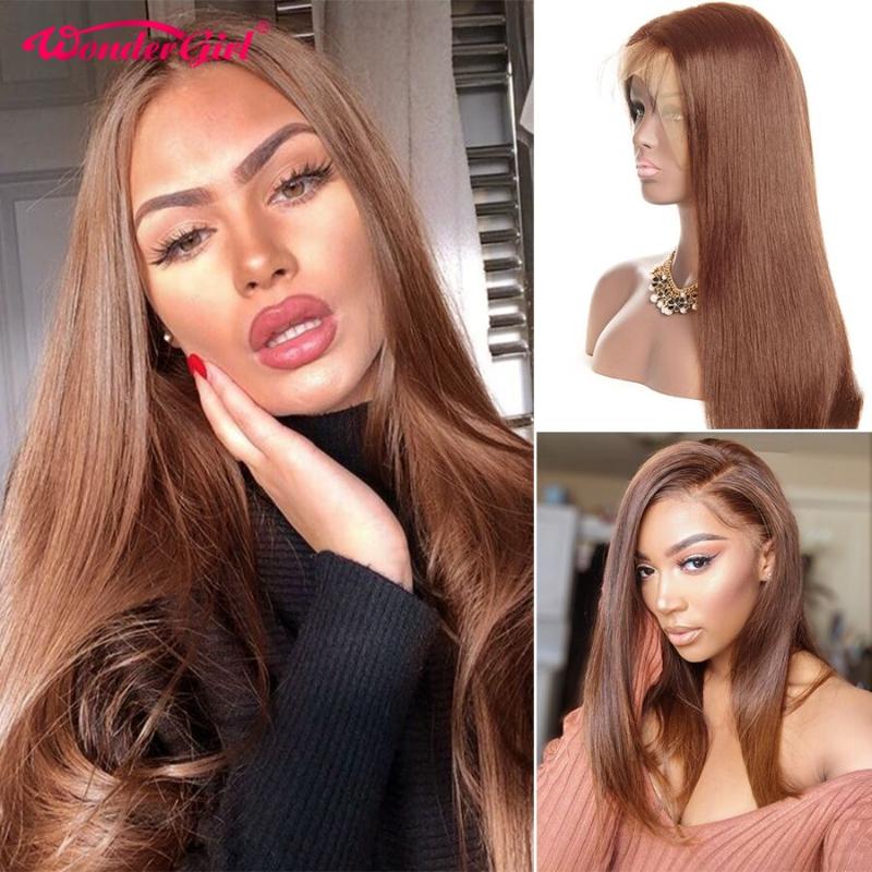 

#4 Lace Front Human Hair Wigs For Women Black 250% Brown Straight Lace Front Wig Pre Plucked Remy Brazilian Wig Wonder girl, Natural color