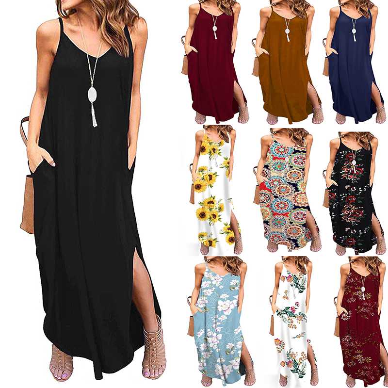 

2020 Summer Women Dress Fashion Bohemia Solid Suspenders Big Swing Dress Tie Printing Women Elegant Hot Sale 14 Styles, 13
