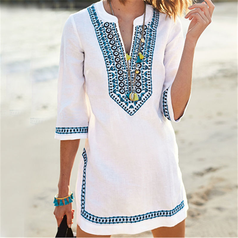 

2020 Women Beachwear Cover-ups Summer Vintage Embroidery Beach Dress White Cotton Tunic Swimsuit Cover Up Sarong Dress
