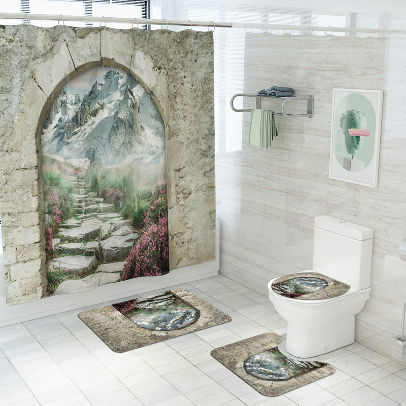 

Stone Gate Behind Snow Mountain Fabric Shower Curtain Landscape Bath Screen Bathroom Curtains Non-Slip Rug Toilet Lid Cover Mat