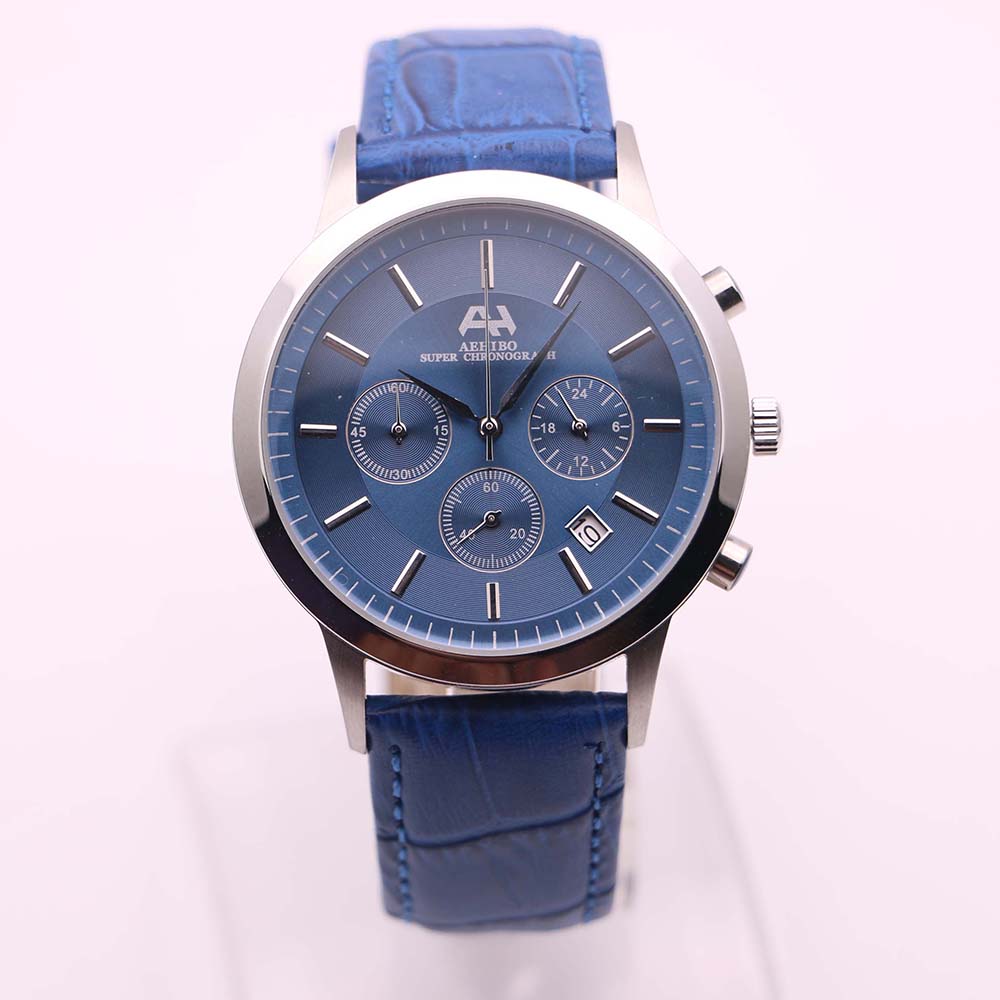 

Cheap AEHIBO Quartz Battery Index Hour Markers Mens Watch Watches 43MM Blue Dial Chronograph Hardlex Wristwatches Leather Band, No send watch for shipping