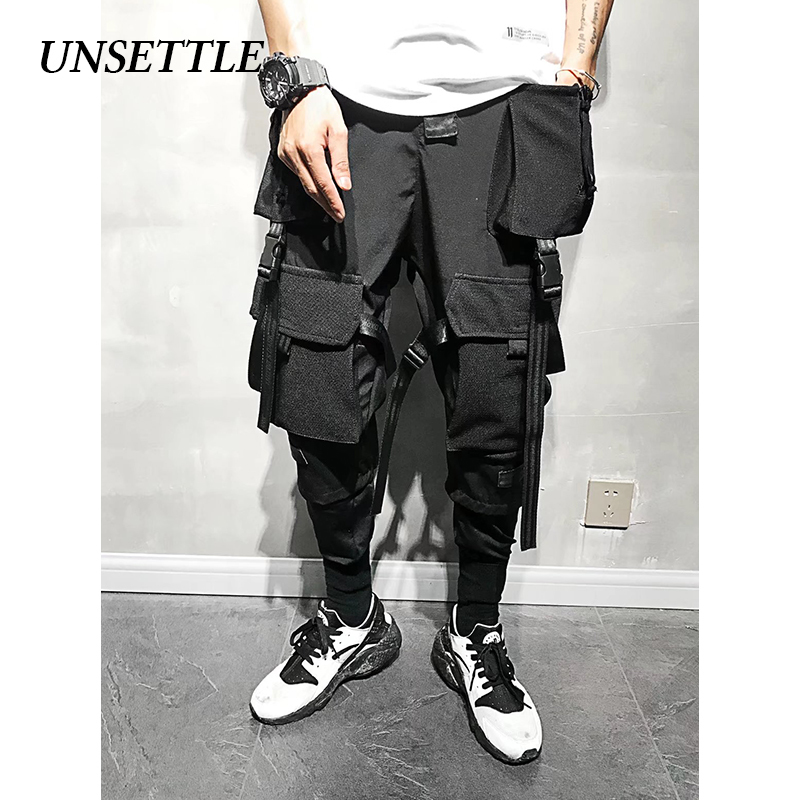 

UNSETTLE 2020SS Men Multiple pockets Cargo Harem Pants Hip Hop Casual Male Ninja Tatical Joggers Trousers Streetwear Ninth pants CX200628, Black