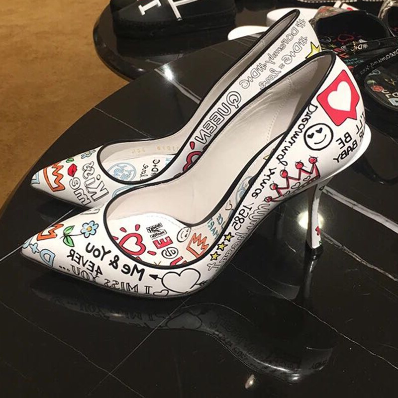 

Handmade Chicken Tracks Printing Women White Pumps Pointed Toe Thin High Heels Formal Dress Red Wedding Shoes Zapatillas Femmes