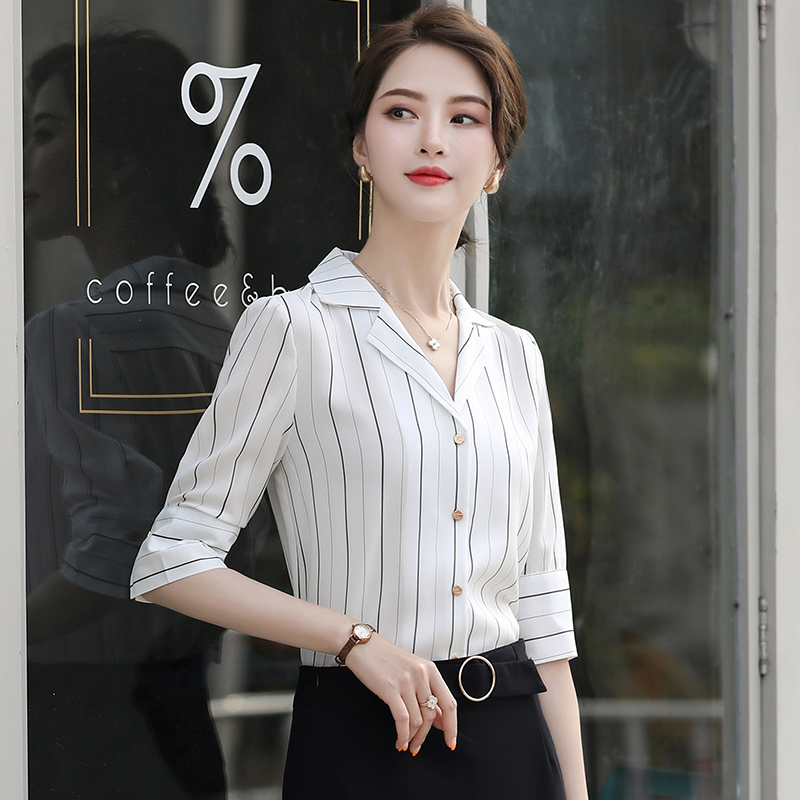 

Fashion Women Work Blouses & Shirts Summer Half Sleeve Office Ladies Clothes Styles White Striped, Blouse only