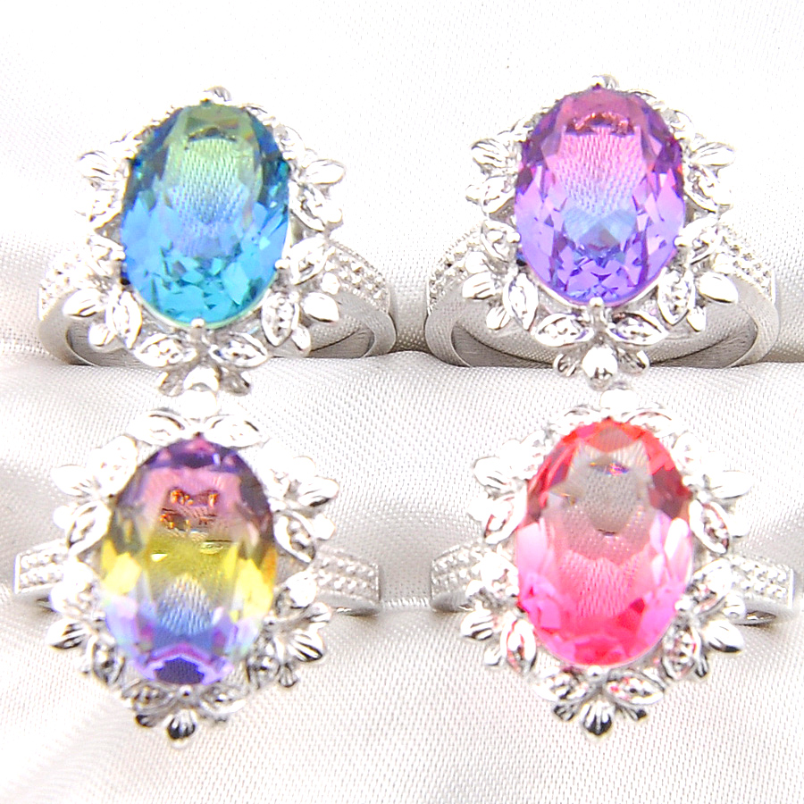 

New LUCKYSHINE 925 Sterling Silver Mix Color Rings Fashion Oval Watermelon Tourmaline Gems Decorative Border Leaf shape Rings Jewelry