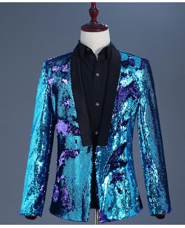 

Mens Flipping Sequins Green Suit Jackets DJ Nightclub Stage Host Shawl Collar Glitte Blazer Men Show Groom Singer Blazer Hombre, Golden silver