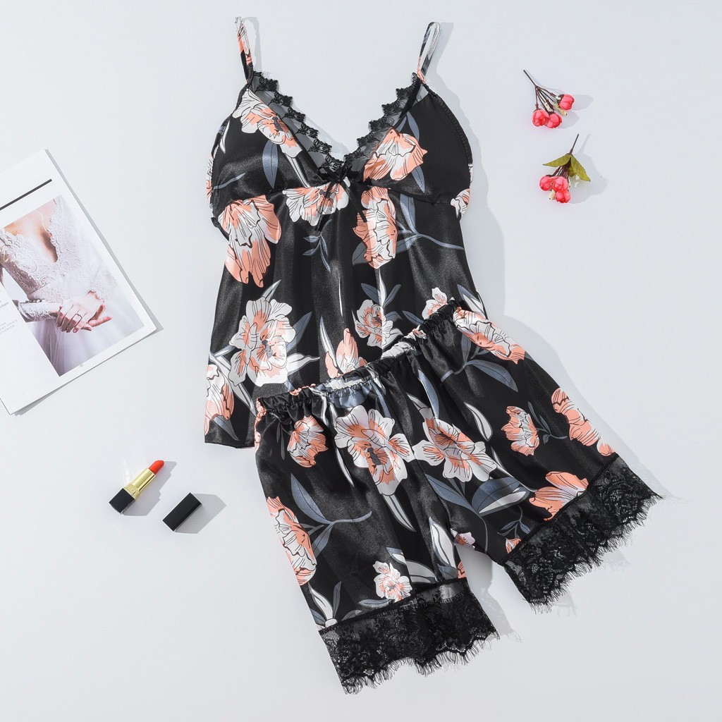 

Pyjamas women cute Satin Flower Print Silk Lingerie Bow Lace women' Pajamas sexy Shorts and tops Sleepwear Suit pizama damska, Pink