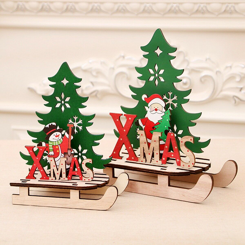 

Christmas Desktop Natural Wood Sled, Santa Claus and Xmas Tree Crafts Set Ornaments Christmas Holiday Party Desktop Decoration