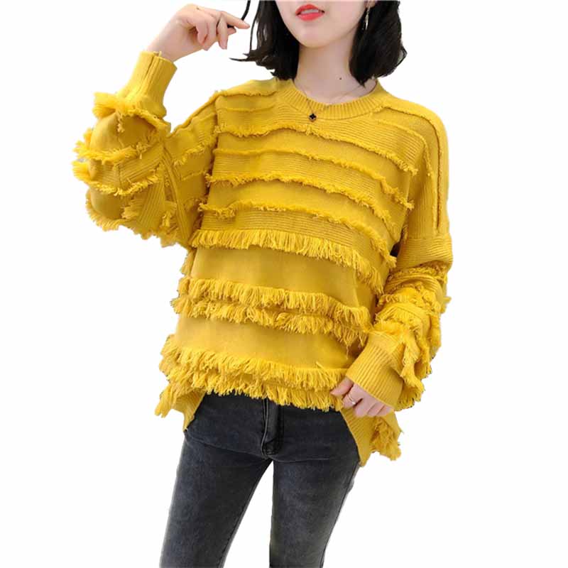 

2019 Spring autumn fashion knitted sweater women tassel Long sleeve Round neck pullovers female casual solid Loose sweaters G508, Beige