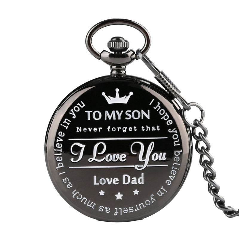 

Vintage Fashion Watches To My Son I LOVE YOU Pocket Watch DAD MOM Men Boy Analog Quartz Pendant Chain Kids Gift, Black