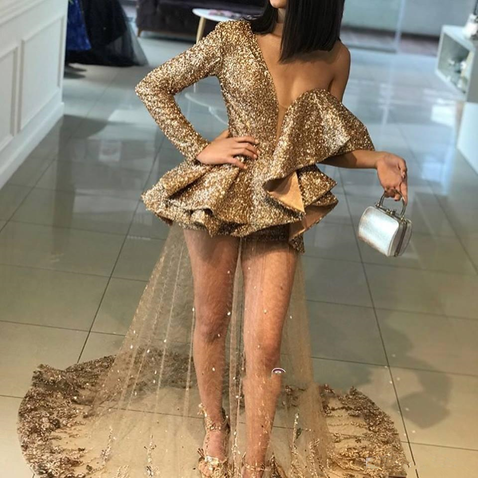 Sexy or une épaule robes de bal Volants Peplum robe de soirée pailletée See Through Paillettes Robes de femmes Appliques cocktail formelle