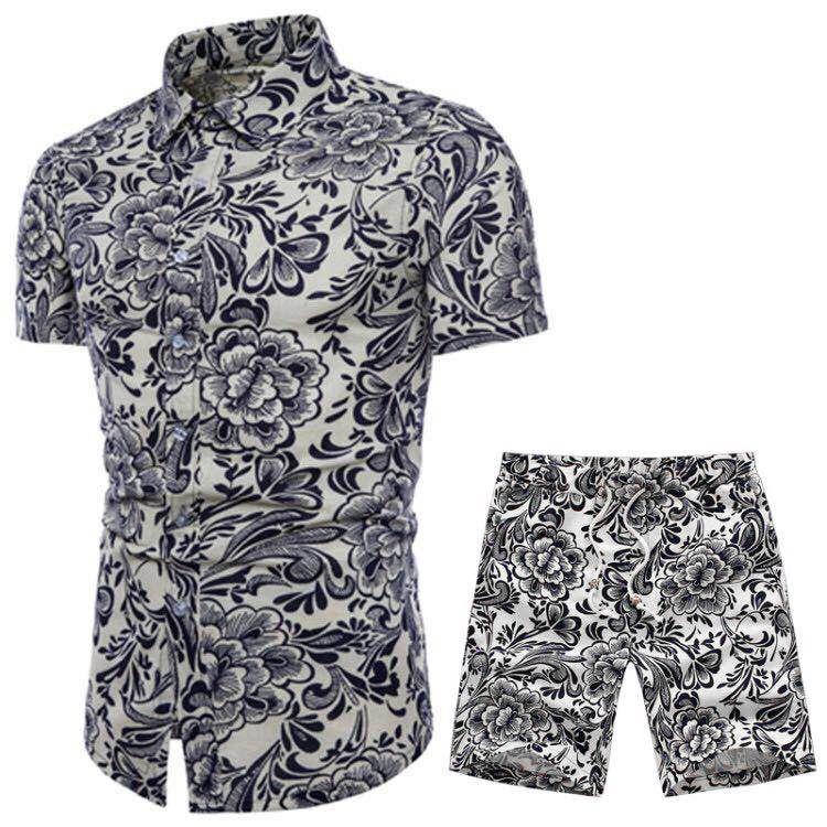 

Men Summer Designer Suits Beach Seaside Holiday Shirts Shorts Clothing Sets 2pcs Floral Tracksuits, Gray