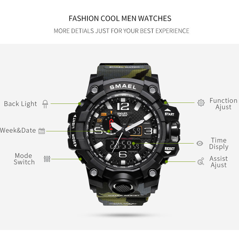 

2020 SMAEL Brand Men Dual Time Camouflage Military Digital Watch LED Wristwatch 50M Waterproof 1545BMen Clock Sport Watch, No send watch for shipping