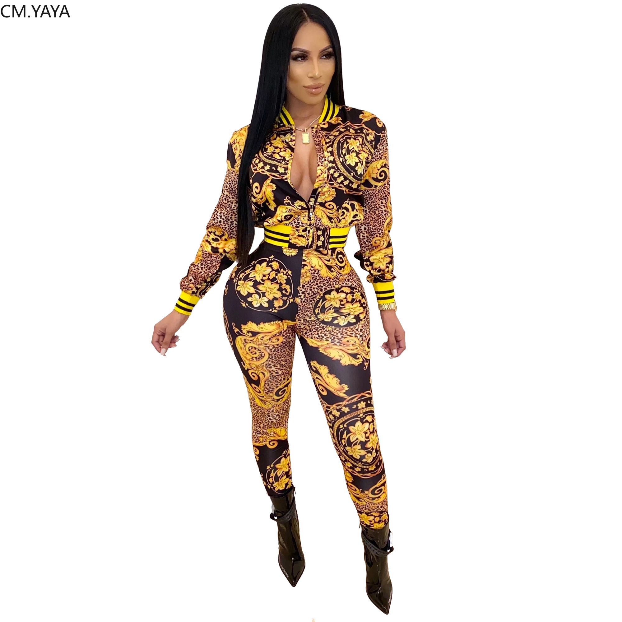 Winter Women Set Full Sleeve National Print Tracksuit Jackets Tops Pants Suit Two Piece Set Night Club Sporty Outfits GLD9202