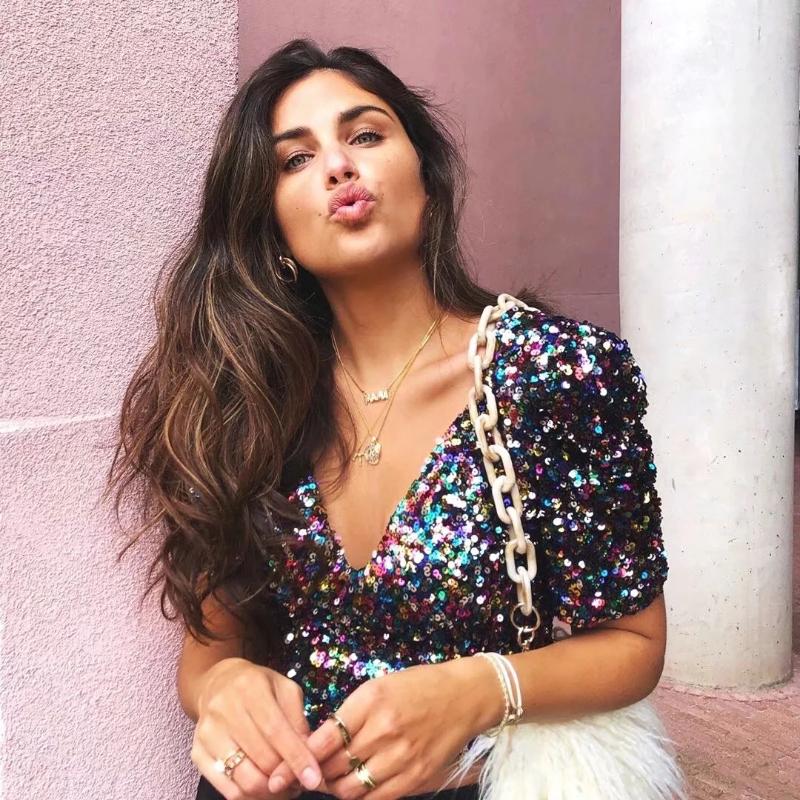 

Foridol Colorful Sequin Blouse Shirt Casual Sexy Club Crop Top V Neck Short Tops Blouse Shirts 2020 Summer, Multi