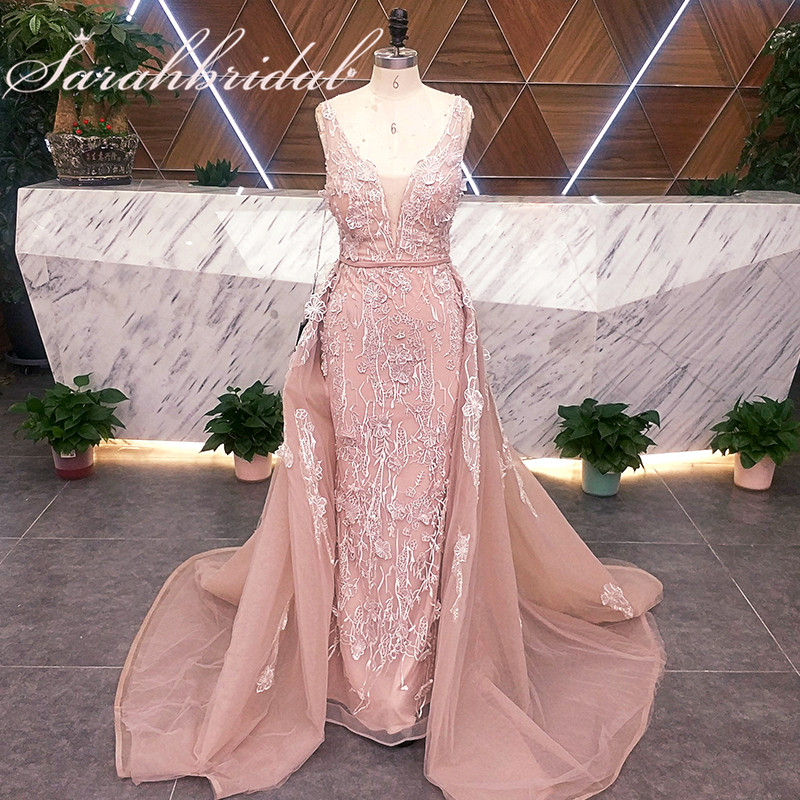 Echt Bild Lange Abendgesellschaft Kleid 2019 Handgemachte Blume Appliques Abnehmbarer Rock Elegante Frau Formale Kleid V-ausschnitt Abendkleider