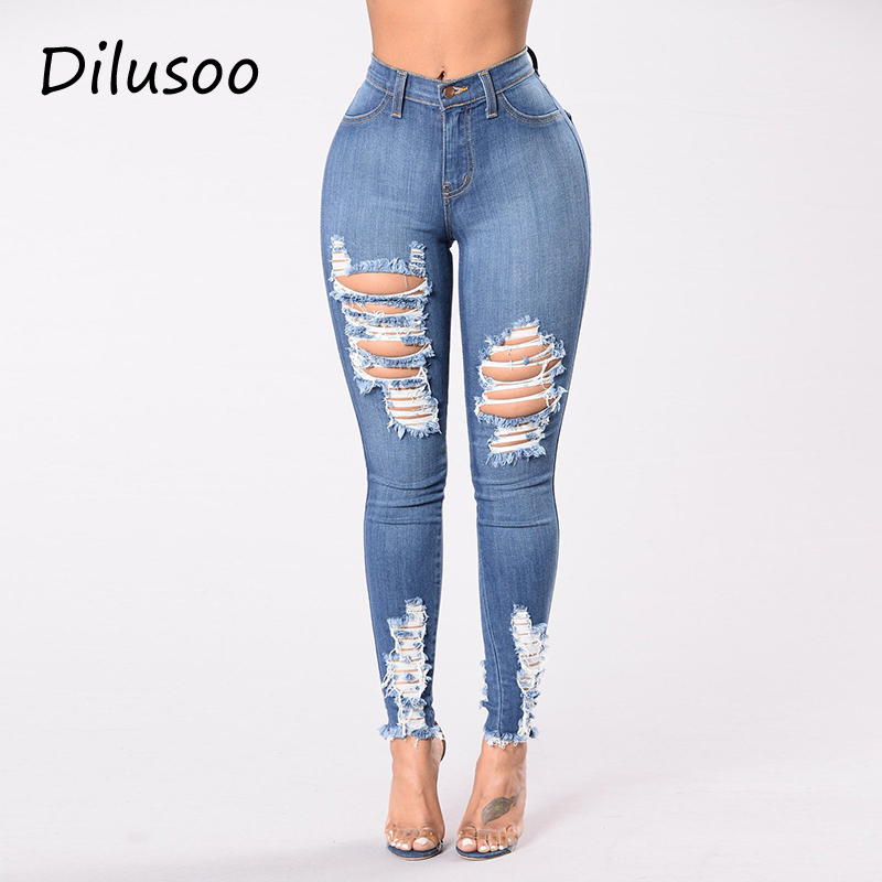 

Dilusoo Women High Waist Jeans Pants Elastic Holes Denim Jeans 4 Season Pencil Pants Ripped Skinny Woman Casual Trousers, Light blue
