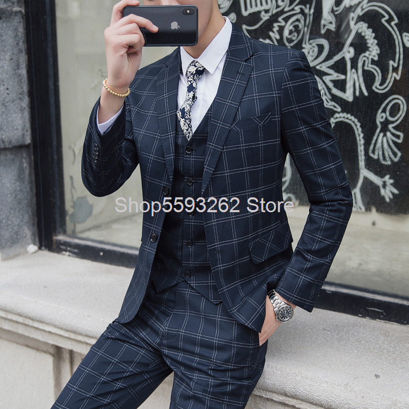 

Autumn Men Grid Suit Suit Type Male England Wind Slim Fit Groom Trend Three-piece Set, Navy blue