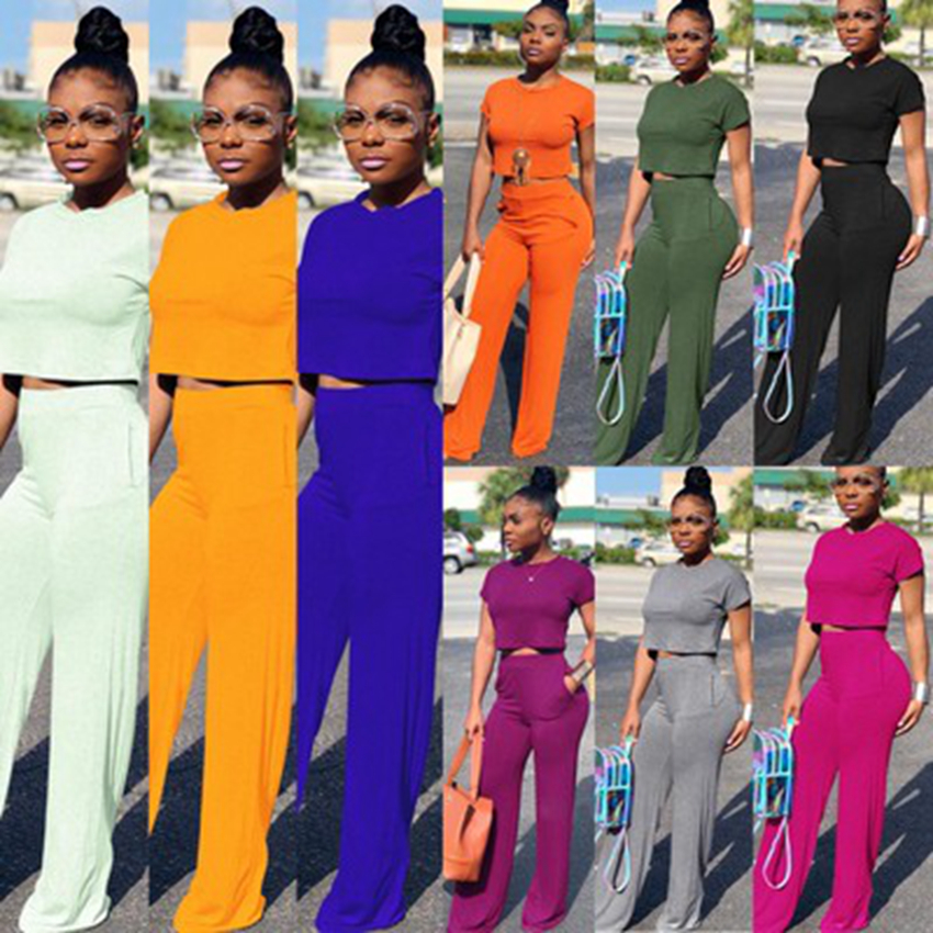 

2020 European solid color sexy waist round neck short sleeve pocket two-piece, purple, orange, dark gray, support mixed batch