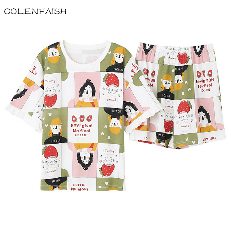 

Women round neck cotton pajama fashion ladies Five-cent sleeve Kawaii printing Woman's pajamas summer girl home clothes suit, Ssb-8344