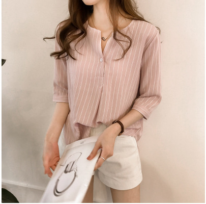

Women Sleeve Top Loo Single-breasted Summer New Style Korean-style Fashion Plus-sized V Neck Crew Neck Striped Shirt, Pink