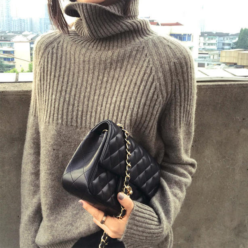 

2020 autumn winter oversized sweater for women long solid knitted pullovers turtleneck long sleeve pull jumper jersey mujer, Black