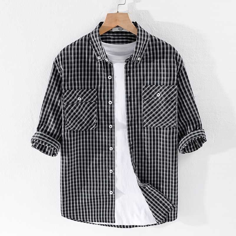 

Summer half sleeve new pure cotton plaid shirts men casual brand men shirts plaid comfortable loose shirt mens overhemd chemise, Navy blue