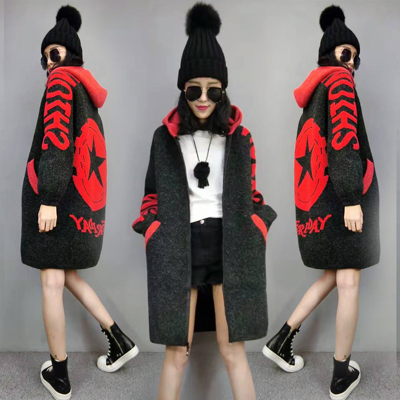 

Loose Vogue Cardigan For Women Raincoat Knitted Hooded Long Wind Coat Female Clothes Stylish Sweater Casaco Feminino Outwear, Red