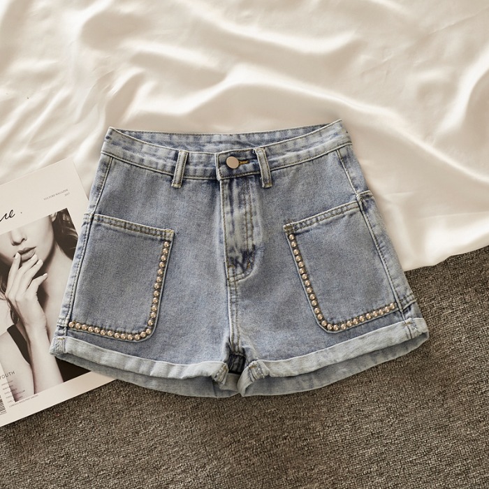 

Jeans Ms. Summer 2020 nian New Loose Rivet High Waist Thin Leisure Wide Leg Pants Shorts Hot Pants, Light blue