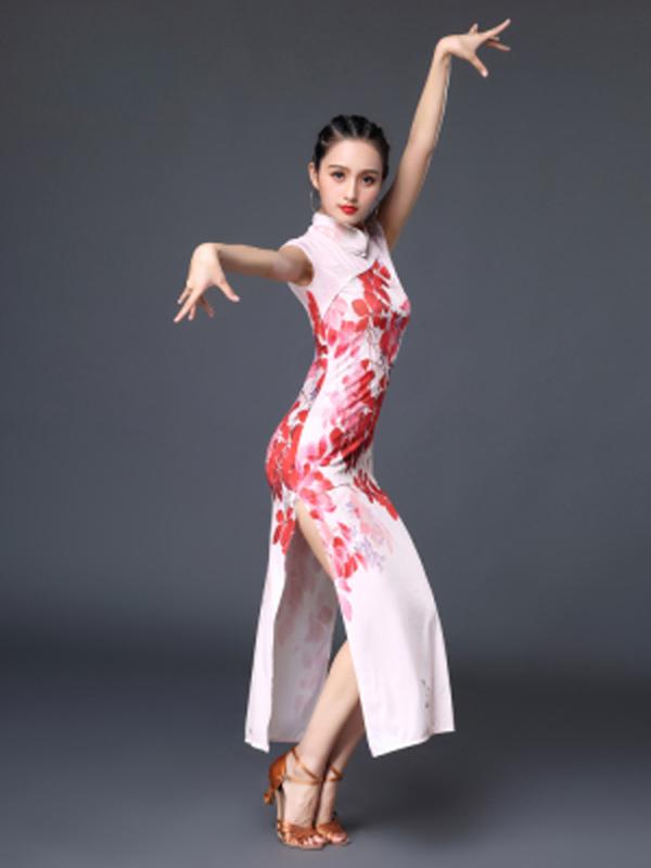 

Latin dance clothes practice female dance split dress classical Chinese style cheongsam adult performance square costume, Red