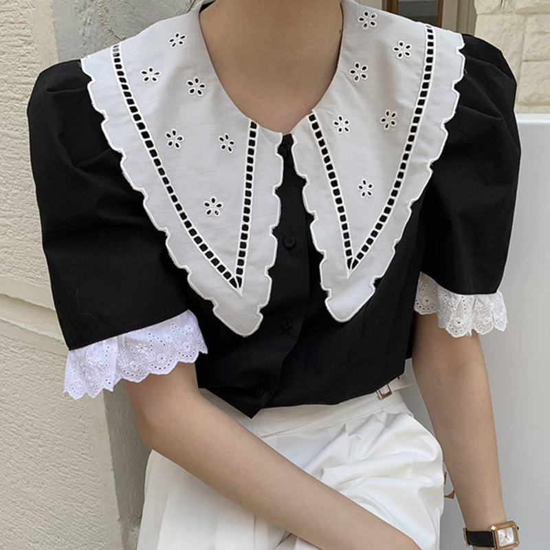 

Korean summer retro doll neckline loose bubble sleeve shirt blouse, Black
